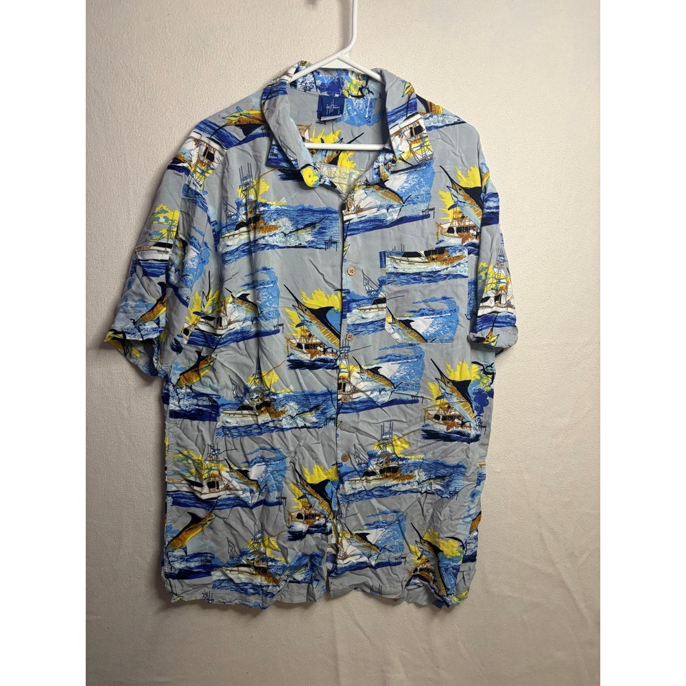 Guy Harvey Mens XL Marlin Fishing Boat Print Short Sleeve Button Down Shirt Grey